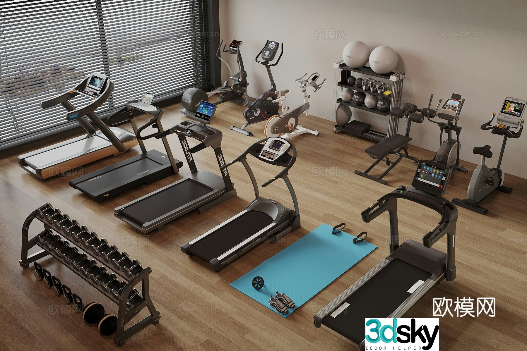 Fitness equipment treadmill elliptical machine dumbbell yoga mat 3d model