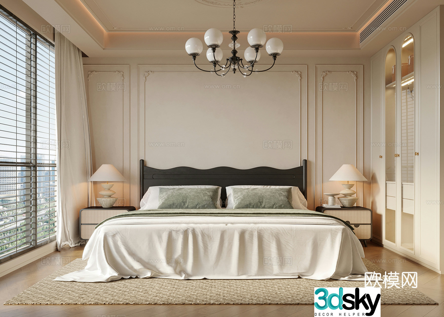 French bedroom double bed nightstand bedroom chandeliers 3d model