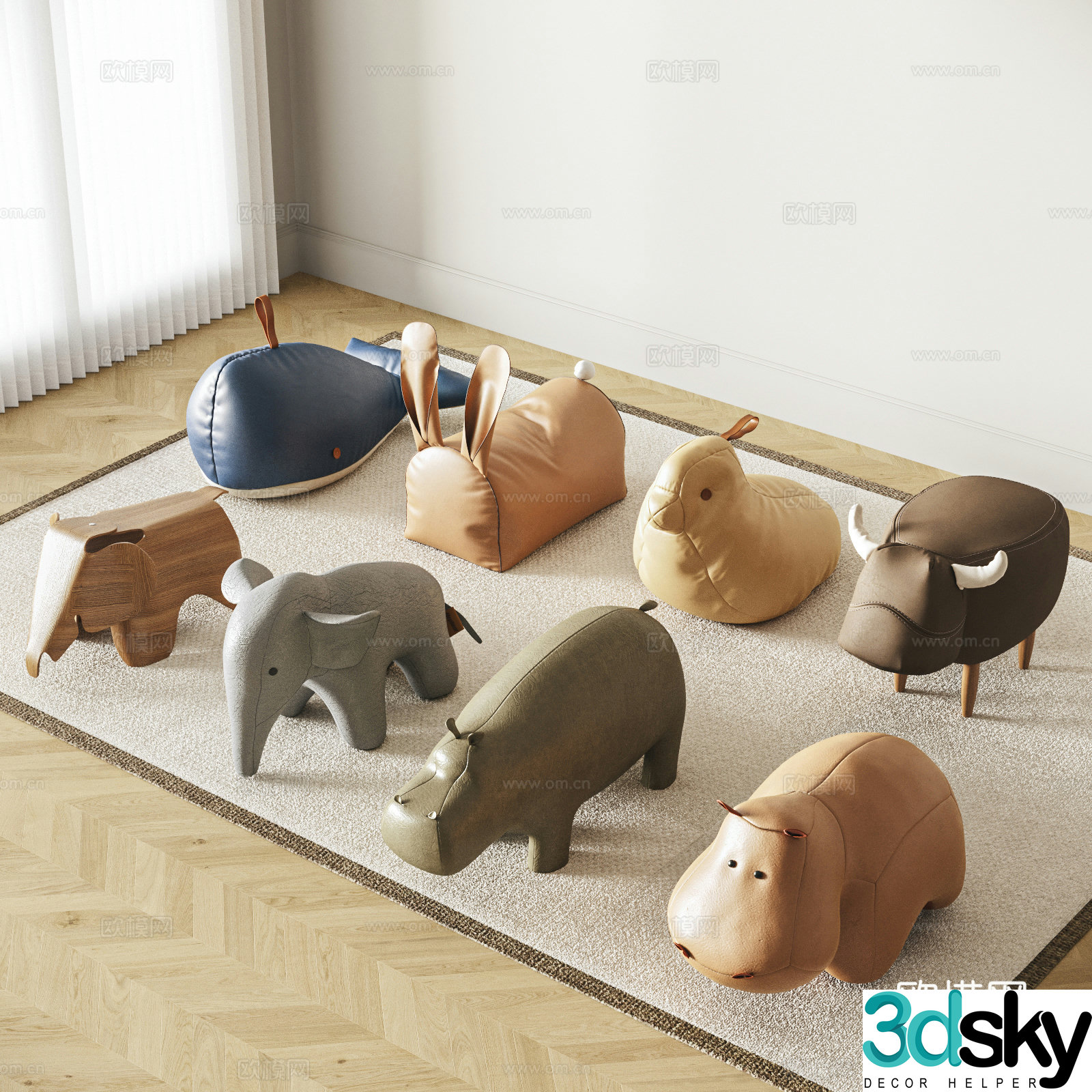 Modern children’s animal stool leather stool casual stool low stool fabric stool 3d model