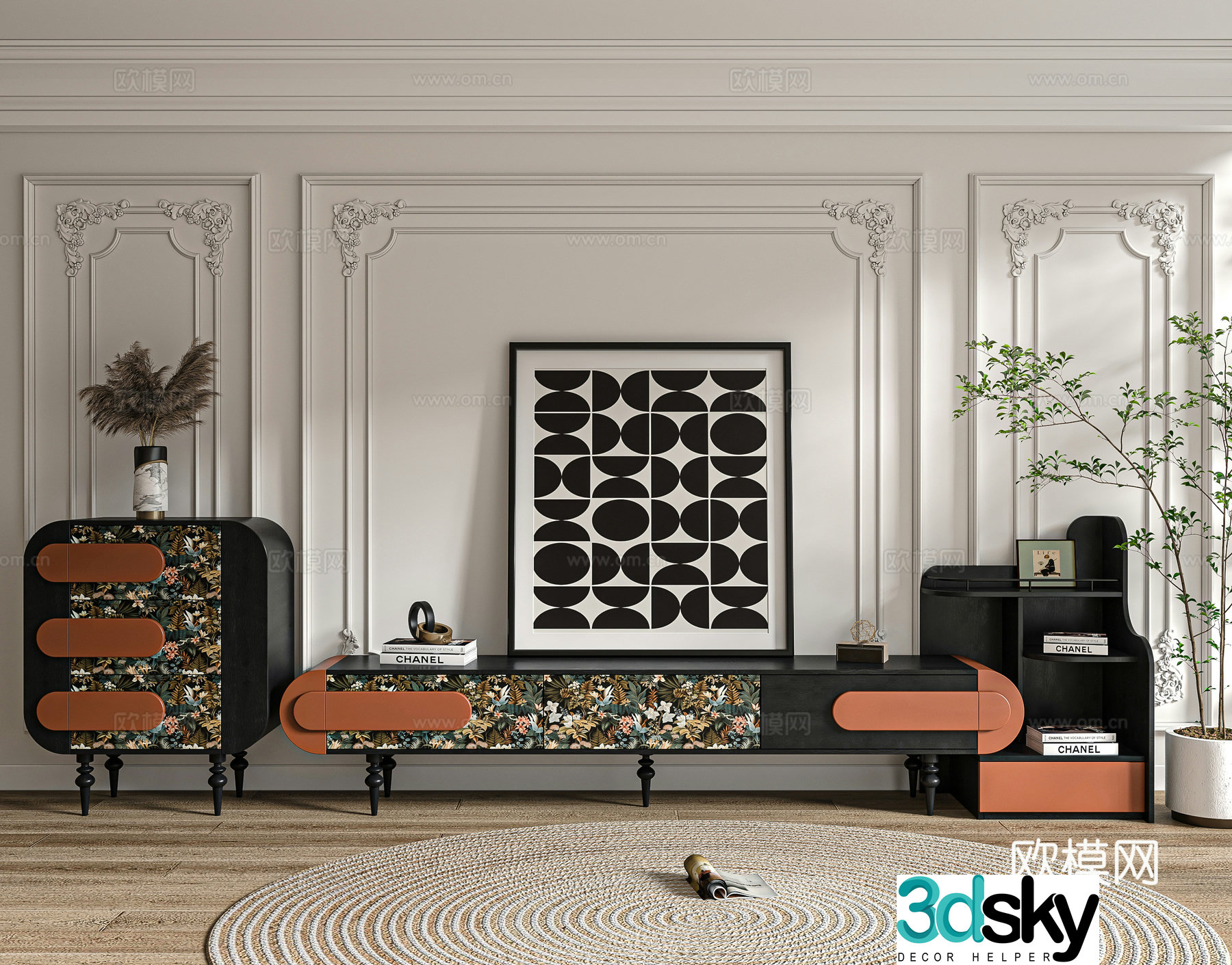 French retro living room TV cabinet combination 3D model