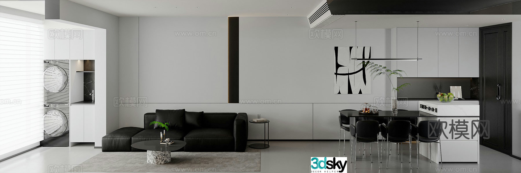 Modern simple black white and gray living room open kitchen 3d model