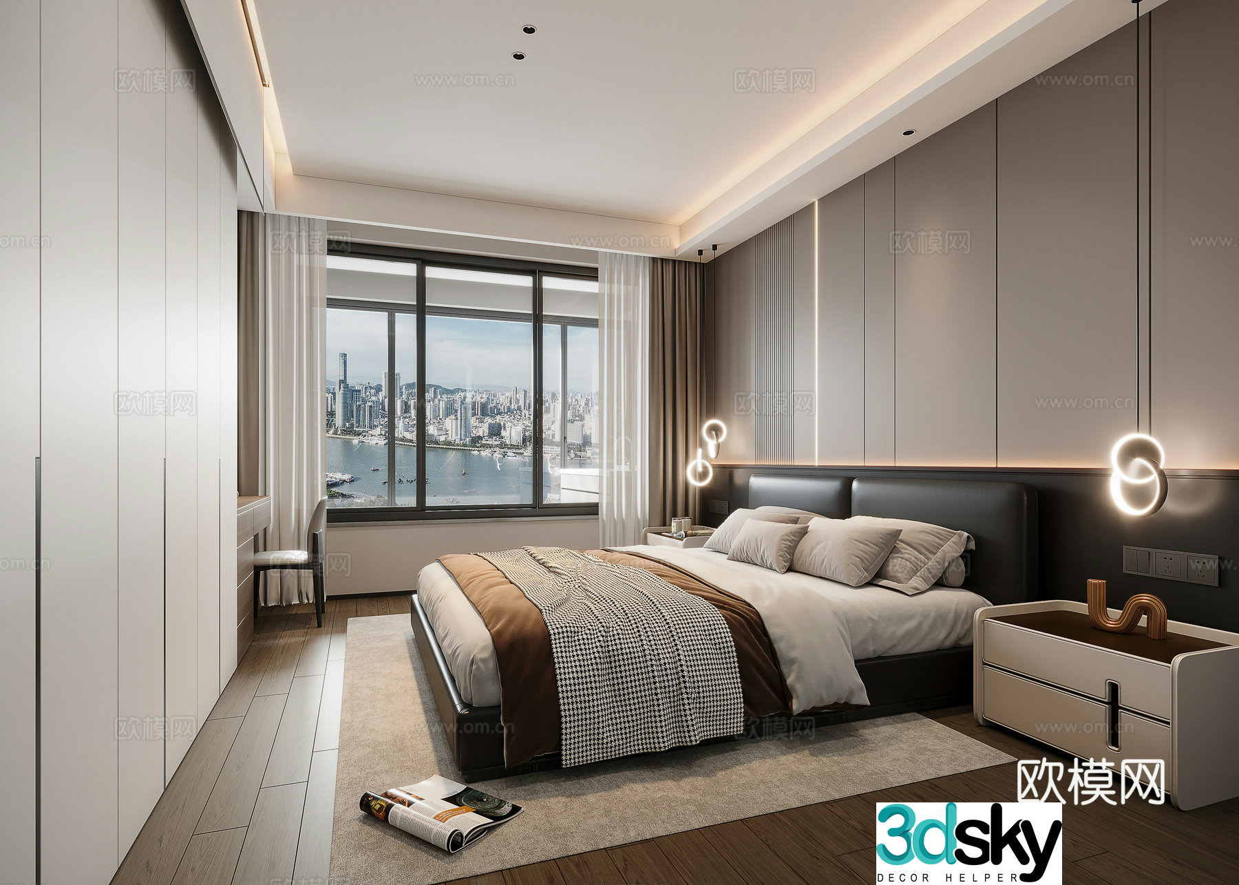 Modern minimalist black white and gray bedroom 3d model