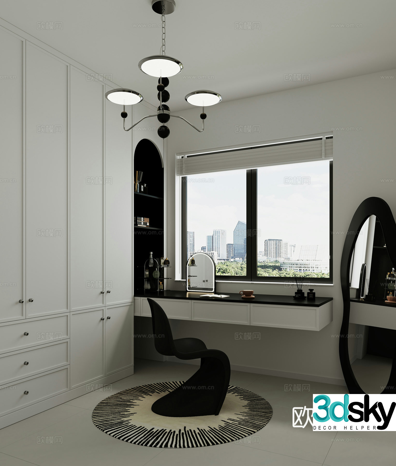 Modern minimalist black and white gray cloakroom and study room 3D model