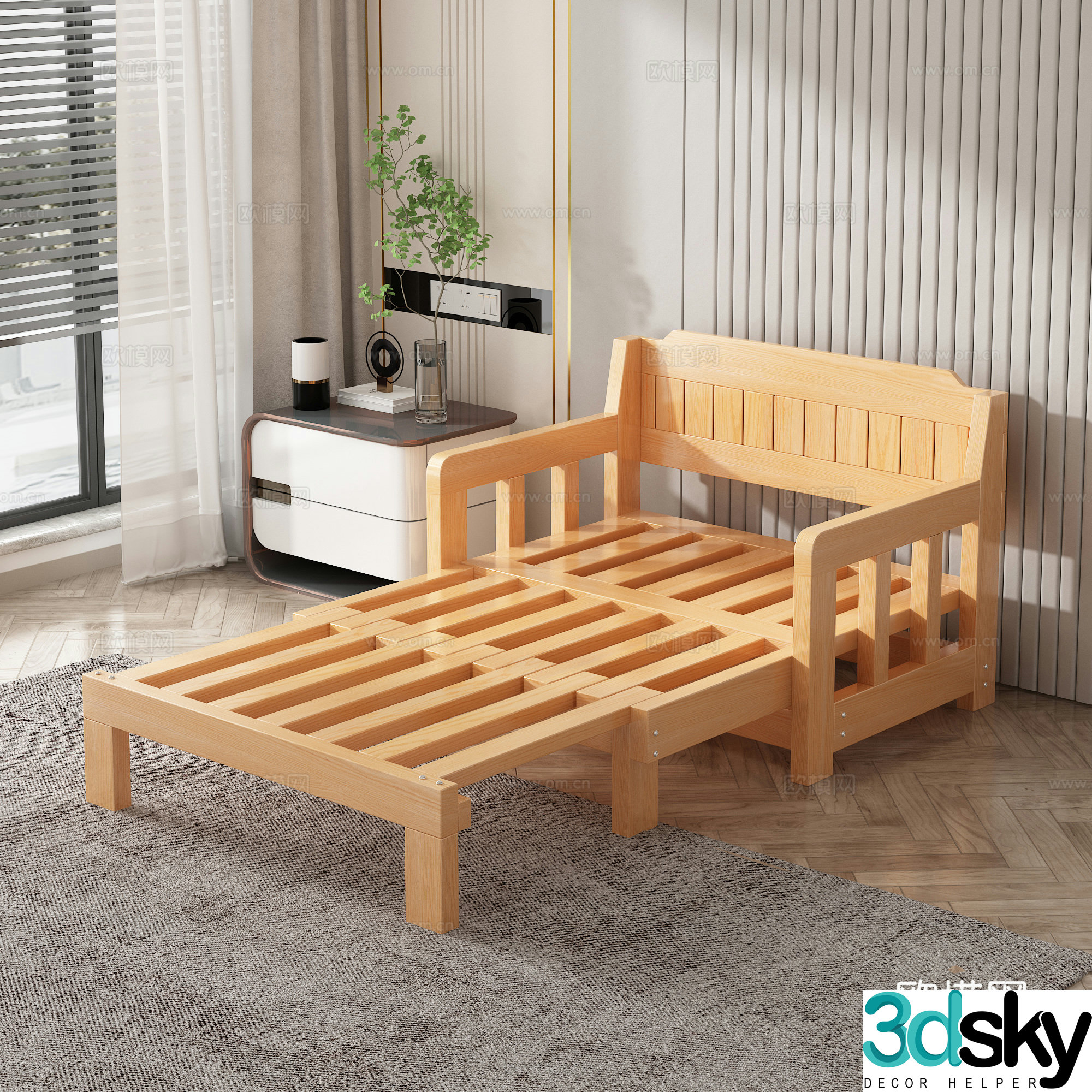 Solid wood sofa bed Folding bed Push and pull bed Multifunctional bed Fabric sofa bed Bedside table 3D model