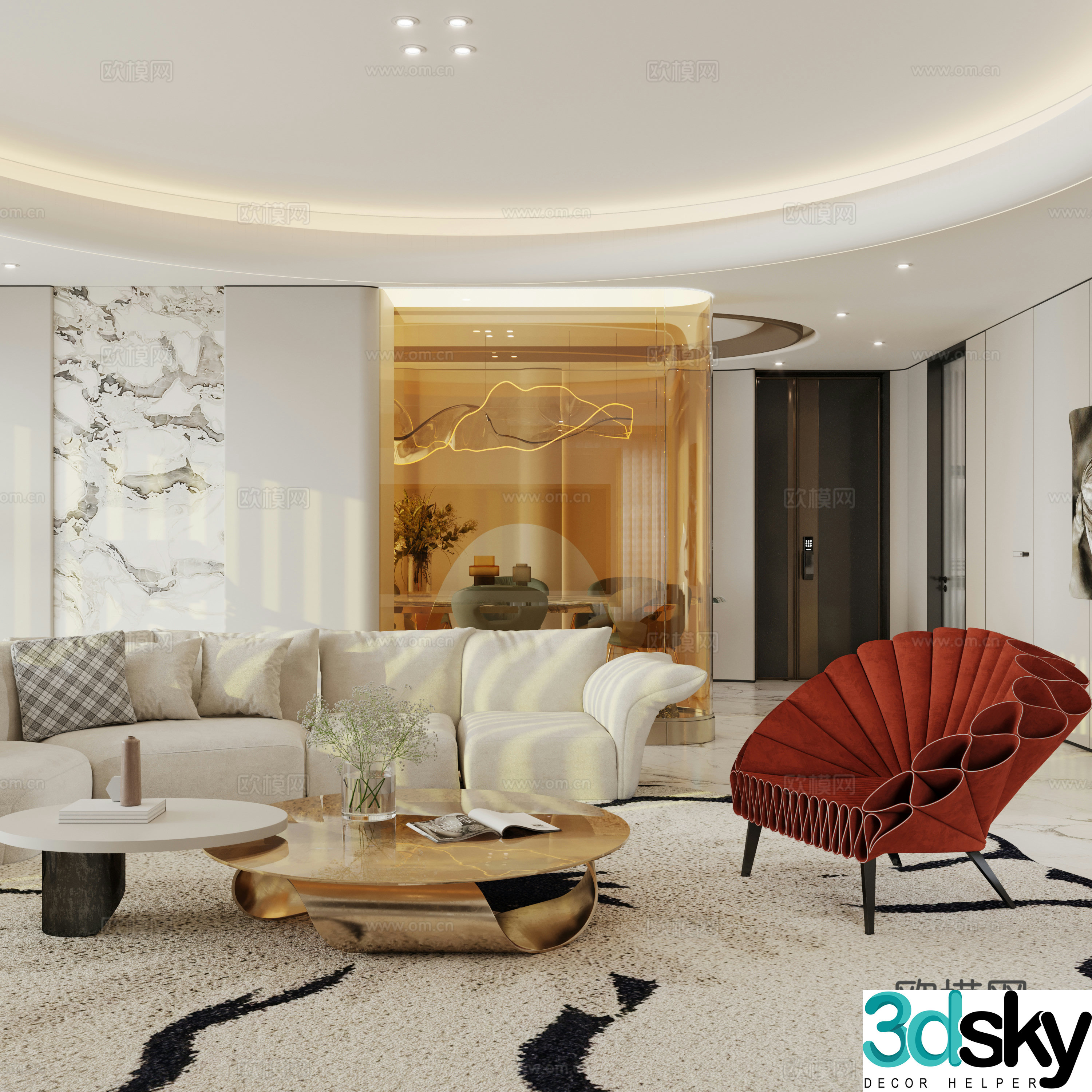 Modern Cream Living and Restaurant 3D Model