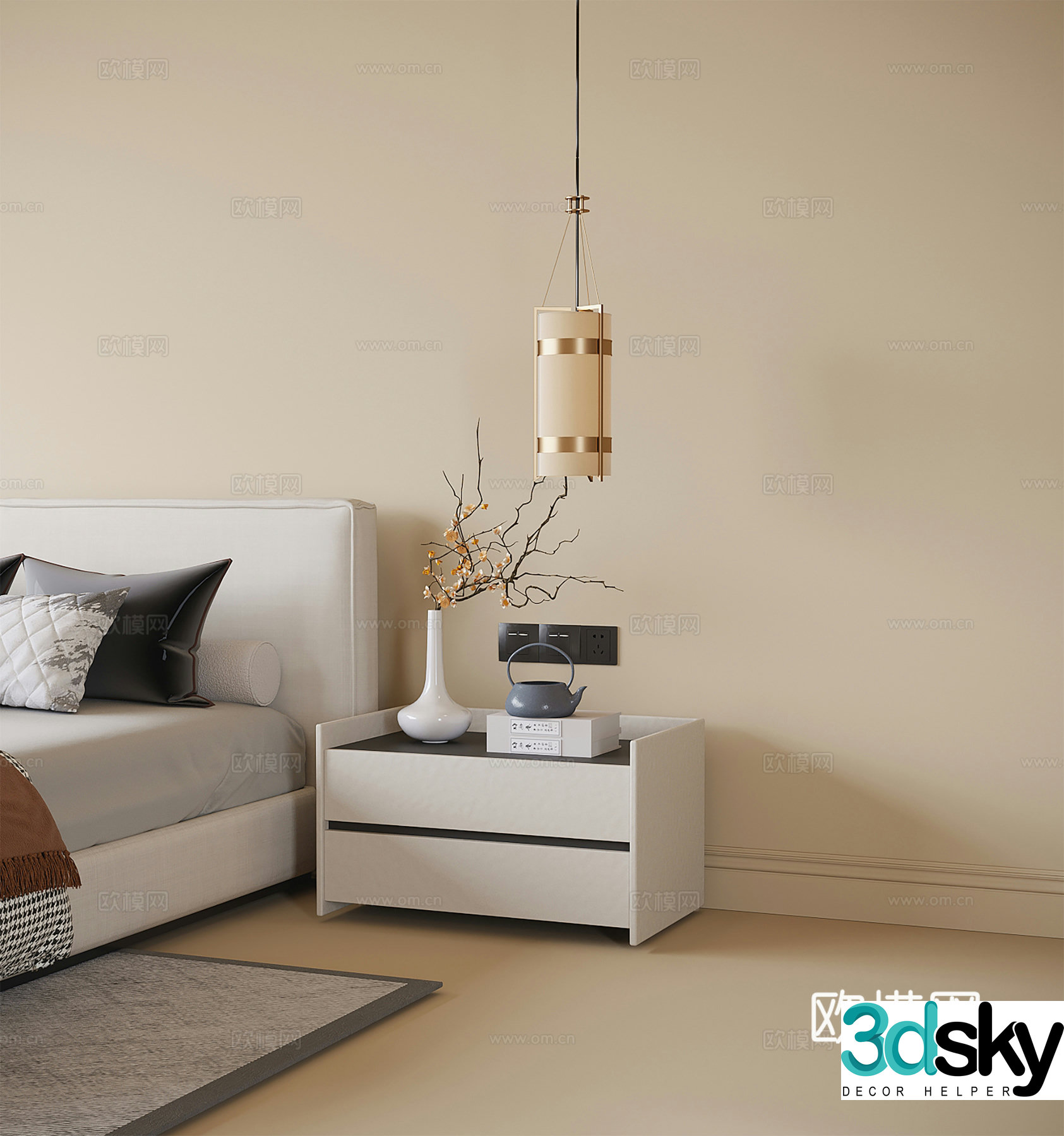 New Chinese style bedside table bedside chandelier 3D model