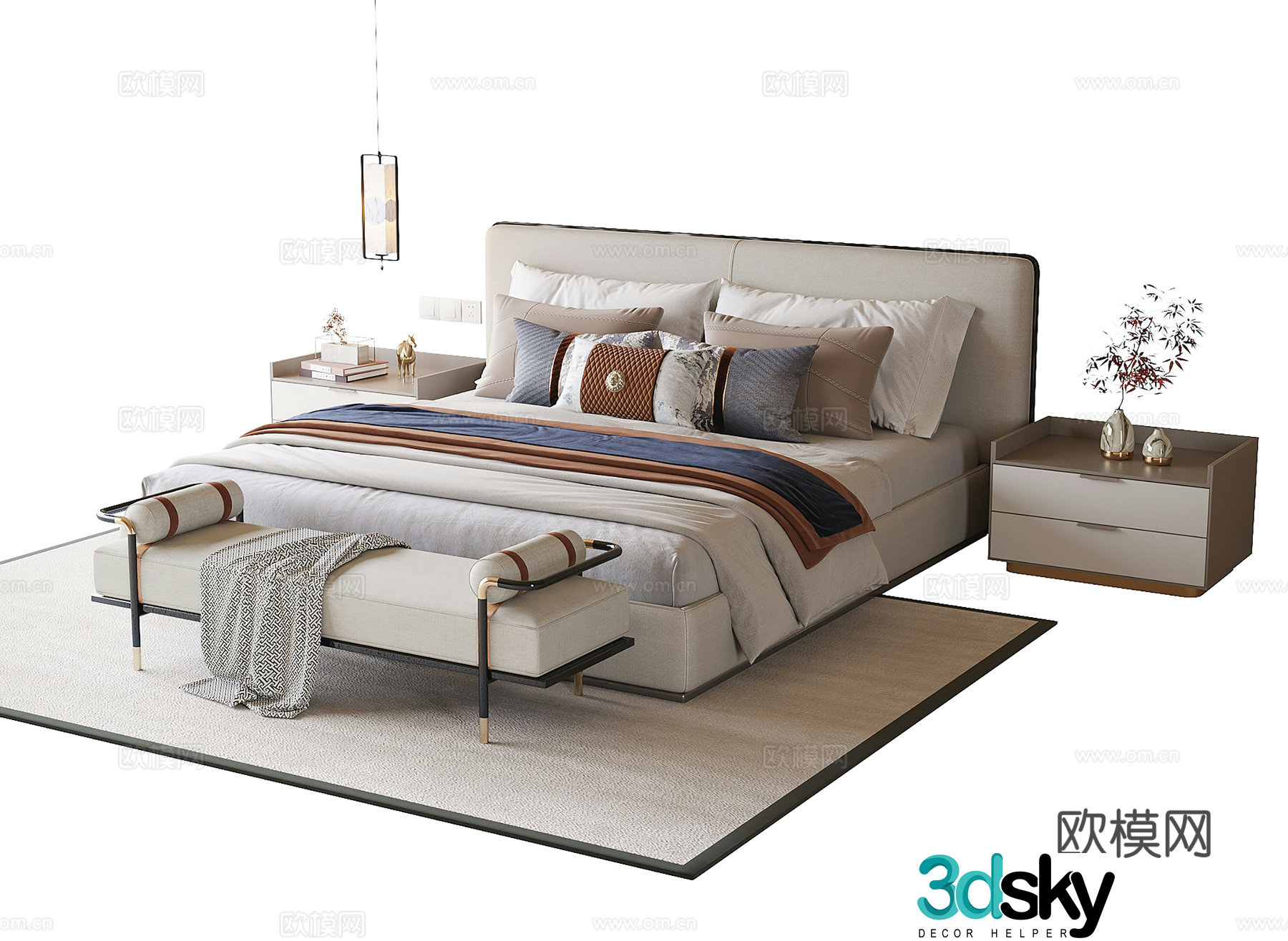 New Chinese style double bed bed tail stool bedside table 3D model