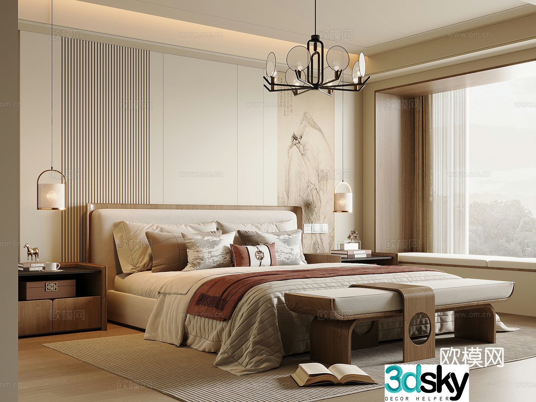 New Chinese style bedroom Song style solid wood double bed bed nightstand bed end stool Chinese style chandelier 3D model
