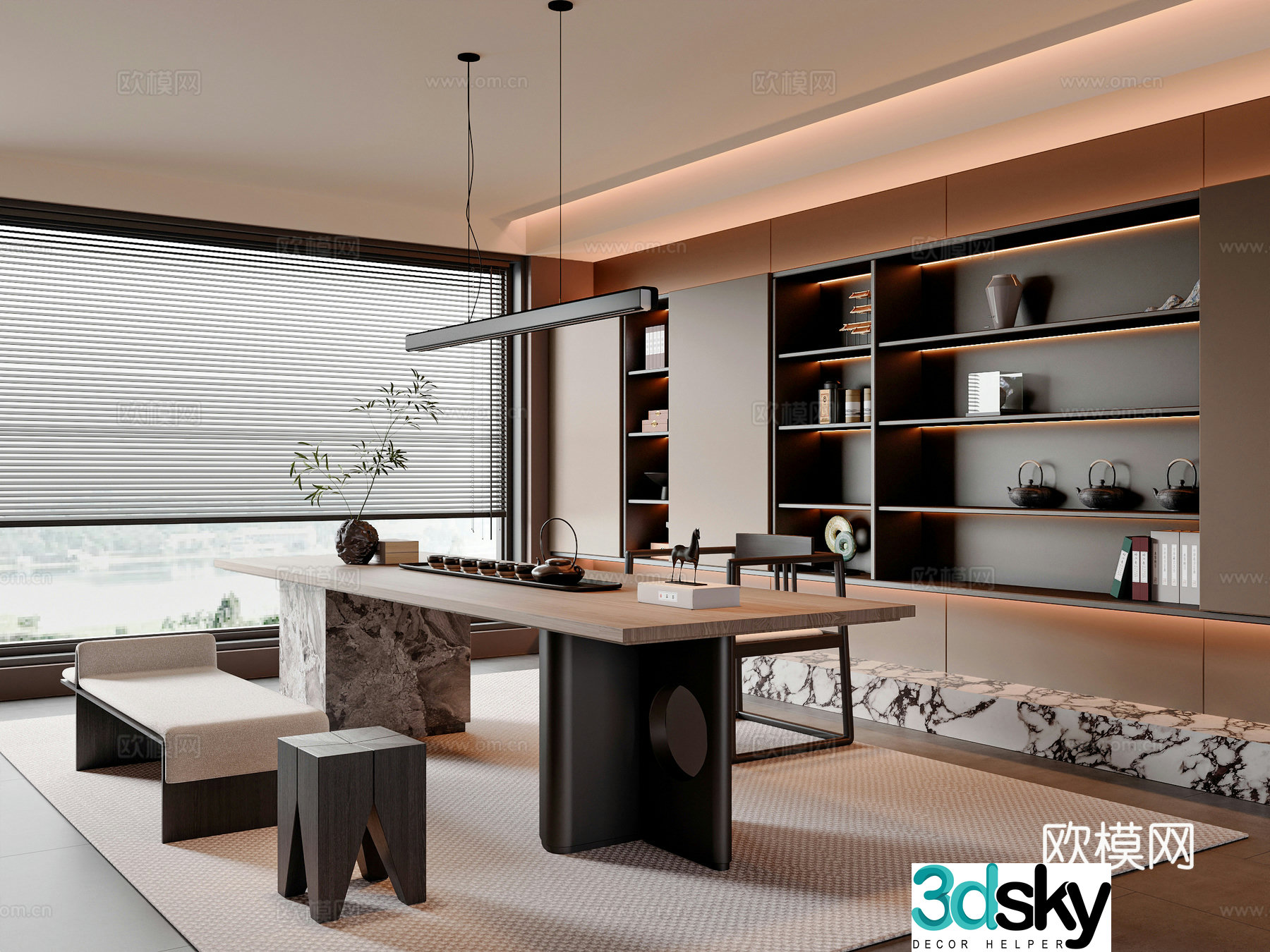 Modern new Chinese-style tea room tea room cabinet tea room accessories ornaments tea table and chair combination 3D model