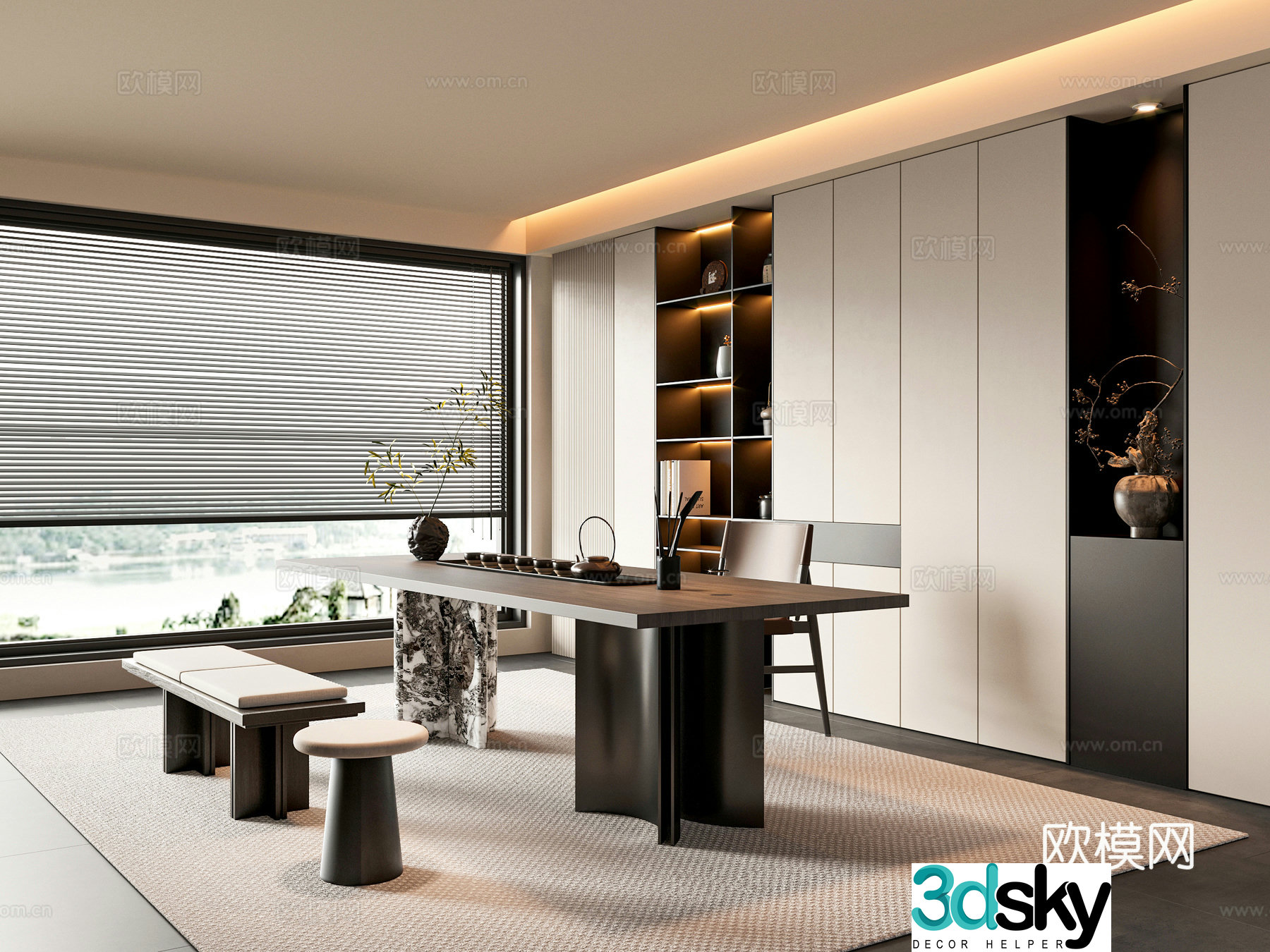 Modern new Chinese-style tea room tea room cabinet tea room accessories ornaments tea table and chair combination 3D model