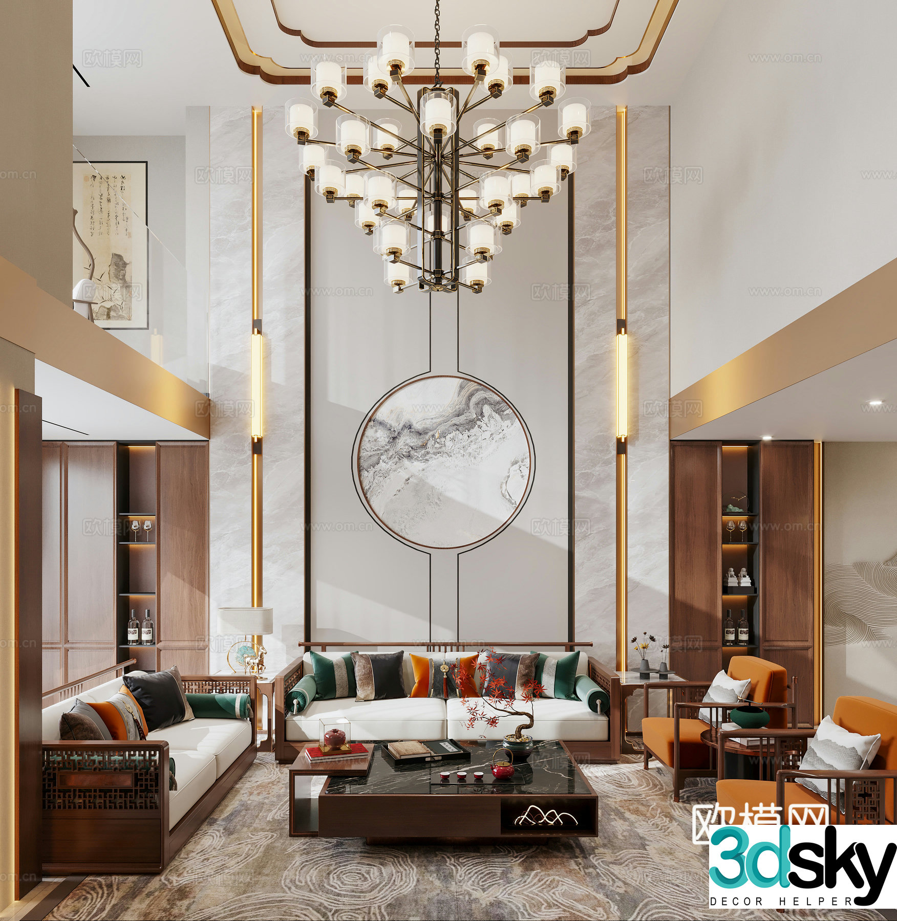 New Chinese style empty villa New Chinese style villa living and dining room New Chinese style chandeliers New Chinese style sofa New 3D model