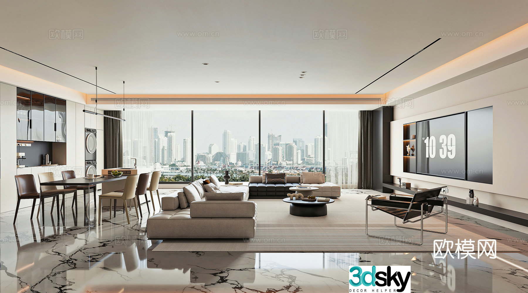 Modern light luxury living and dining room 3D model