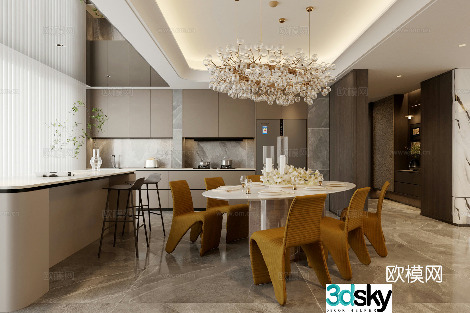 Italian light luxury home restaurant Island restaurant Marble oval dining table Kitchen restaurant Dining chair 3D model