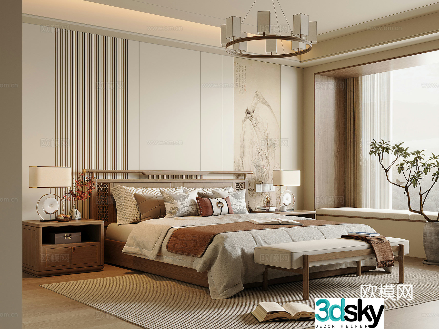 New Chinese style bedroom Song style solid wood double bed bed nightstand bed end stool Chinese style chandelier 3D model