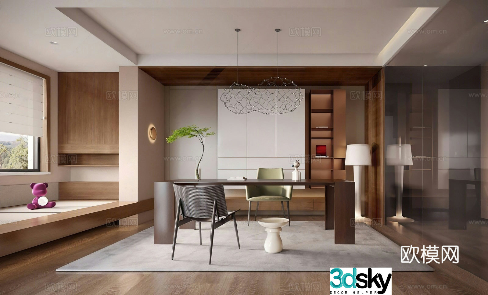 New Chinese study desk and chair combination bay window bookcase 3D model