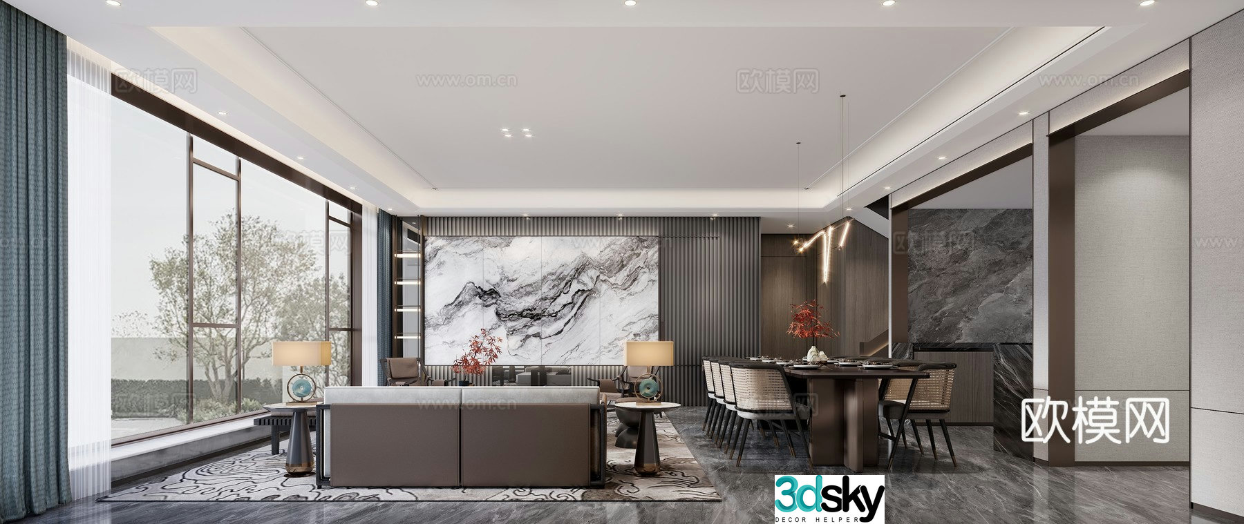 New Chinese style large flat floor living and dining room 3D model