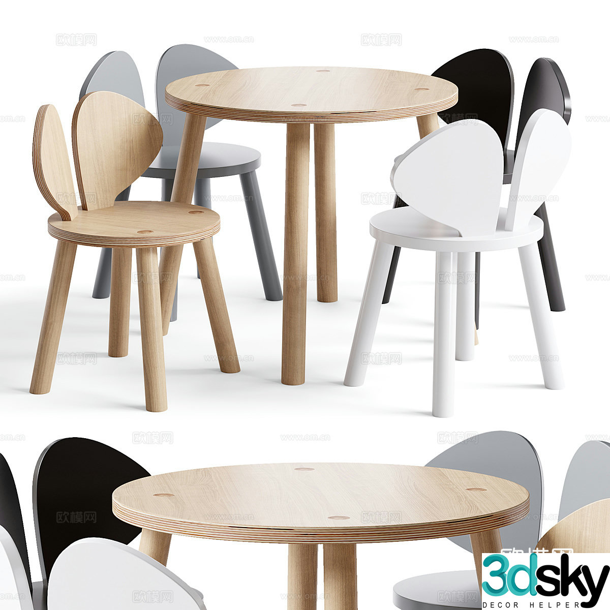 Modern children’s table and chairs oak chair 3d model