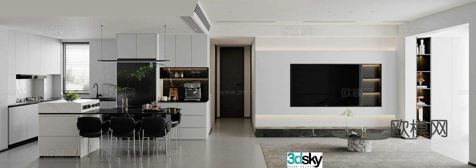 Modern minimalist living and dining room 3D model