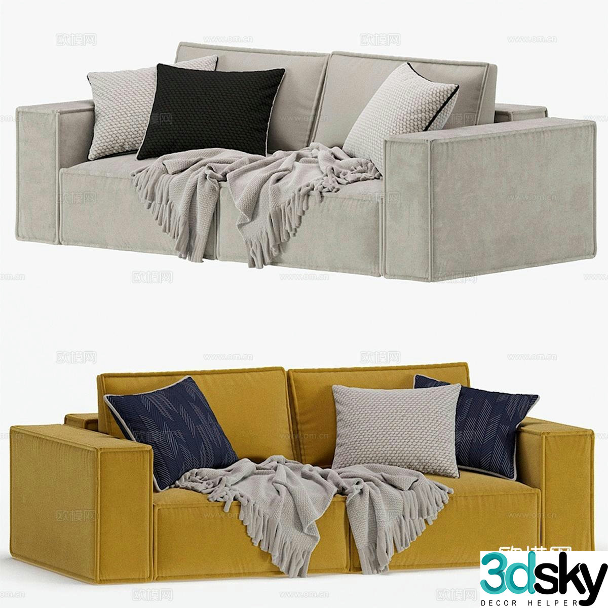 Modern minimalist double sofa fabric sofa Nordic sofa tofu block sofa combination sofa 3D model