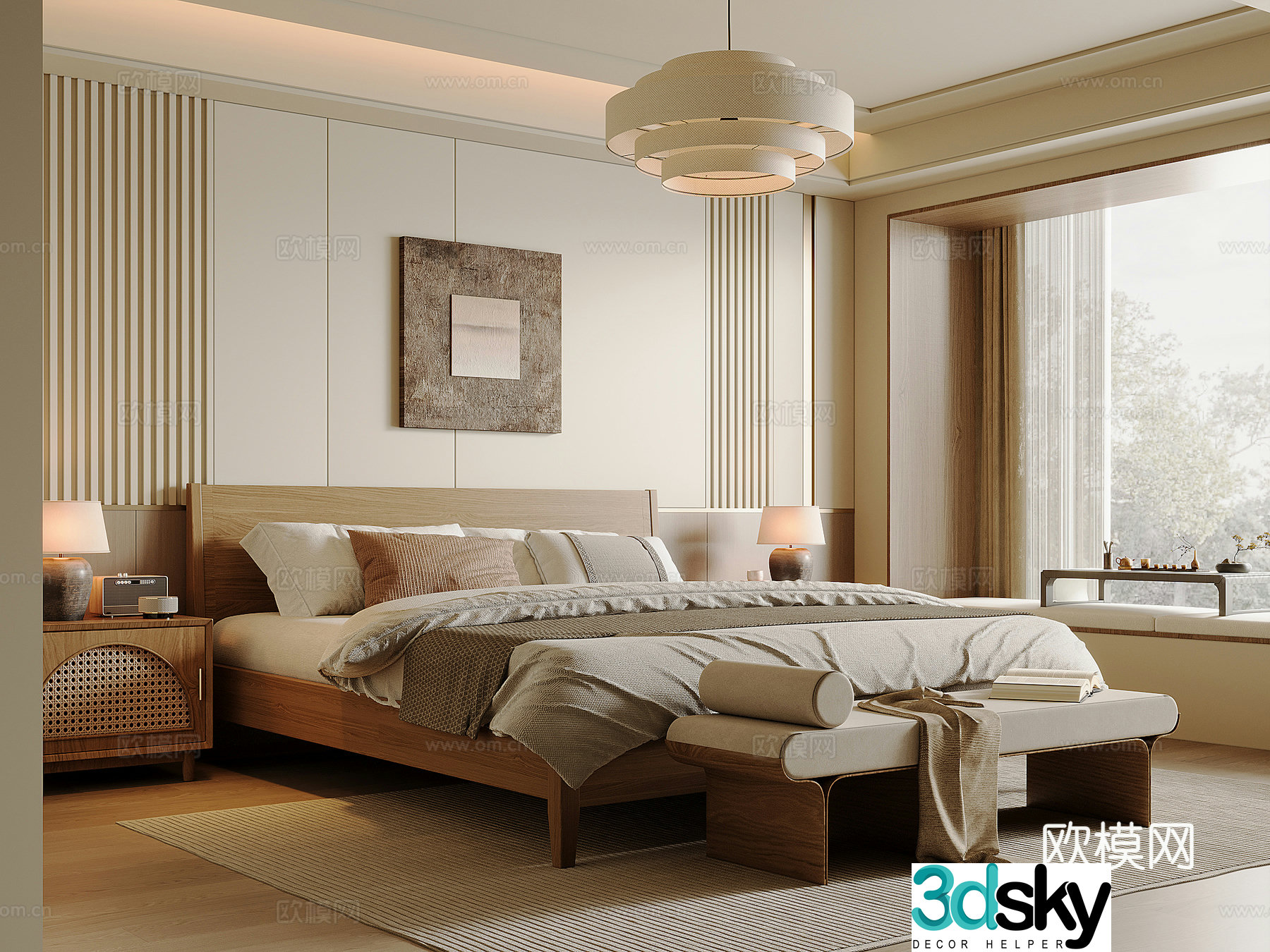 New Chinese style bedroom Song style solid wood double bed bed nightstand bed end stool Chinese style chandelier 3D model