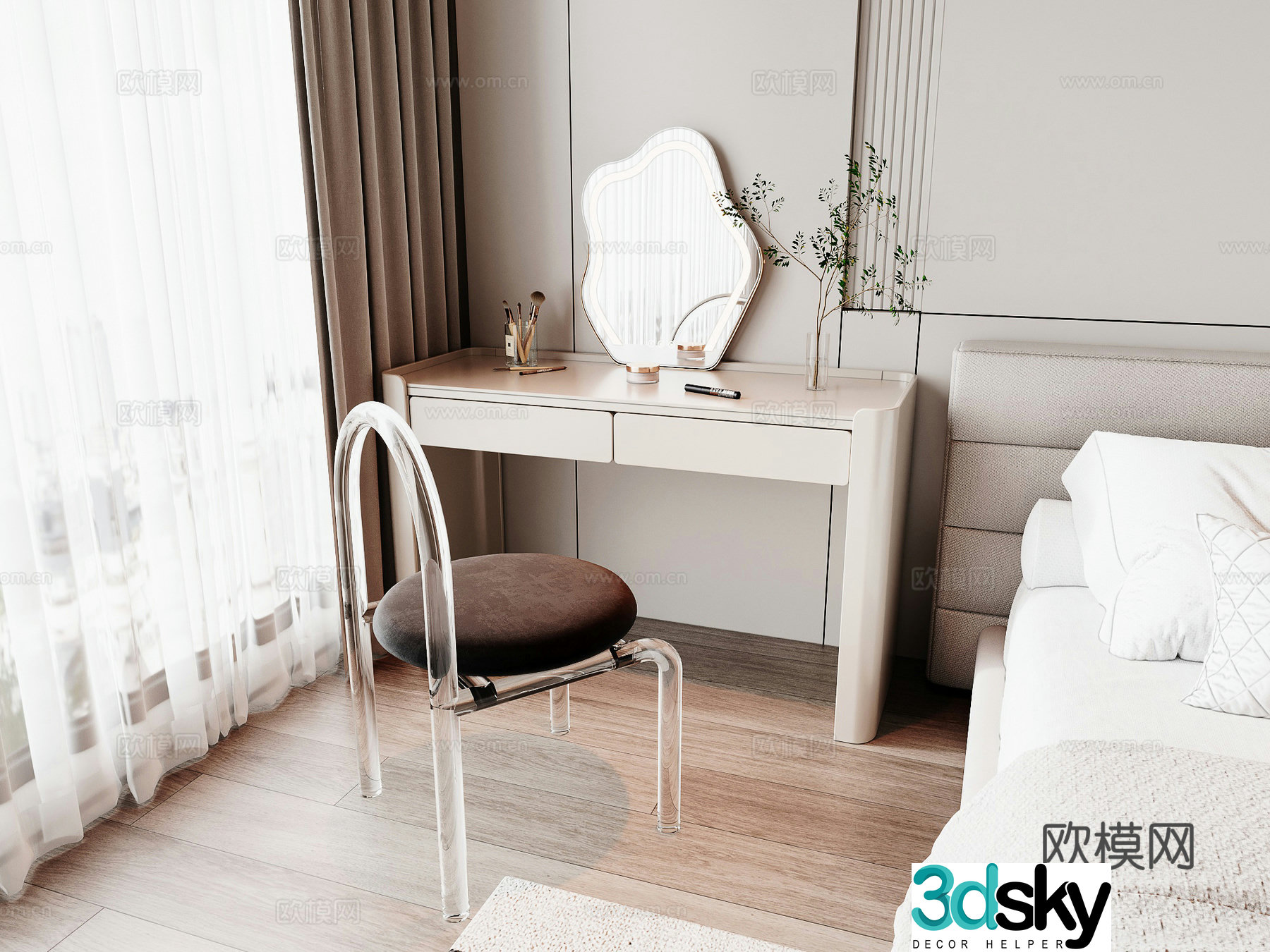 Modern makeup table makeup stool combination 3D model