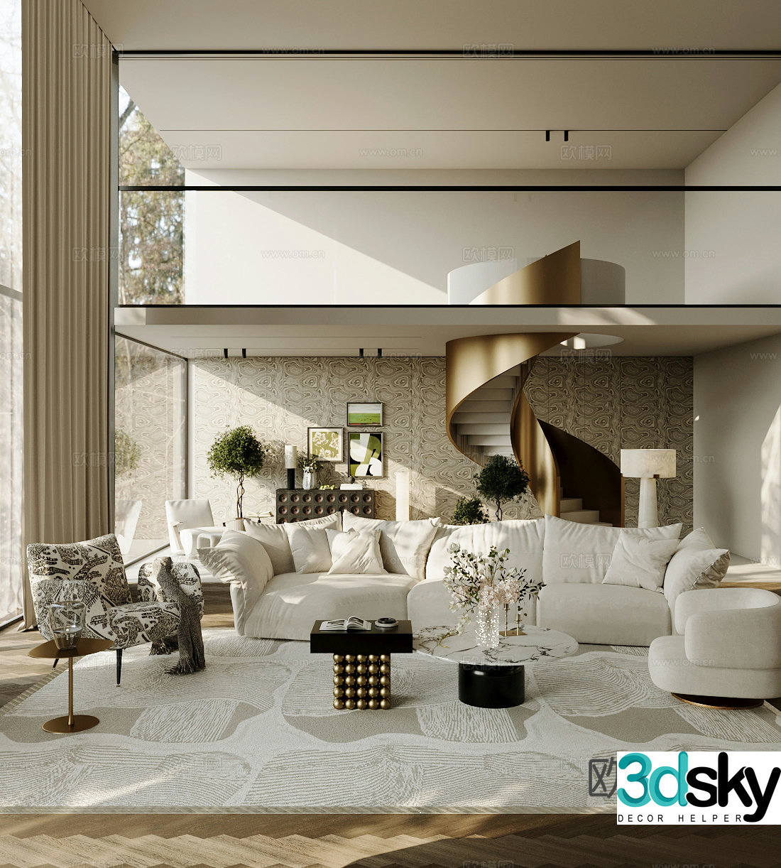 Modern villa living room empty villa living room villa sofa and coffee table combination medieval leisure chair 3D model