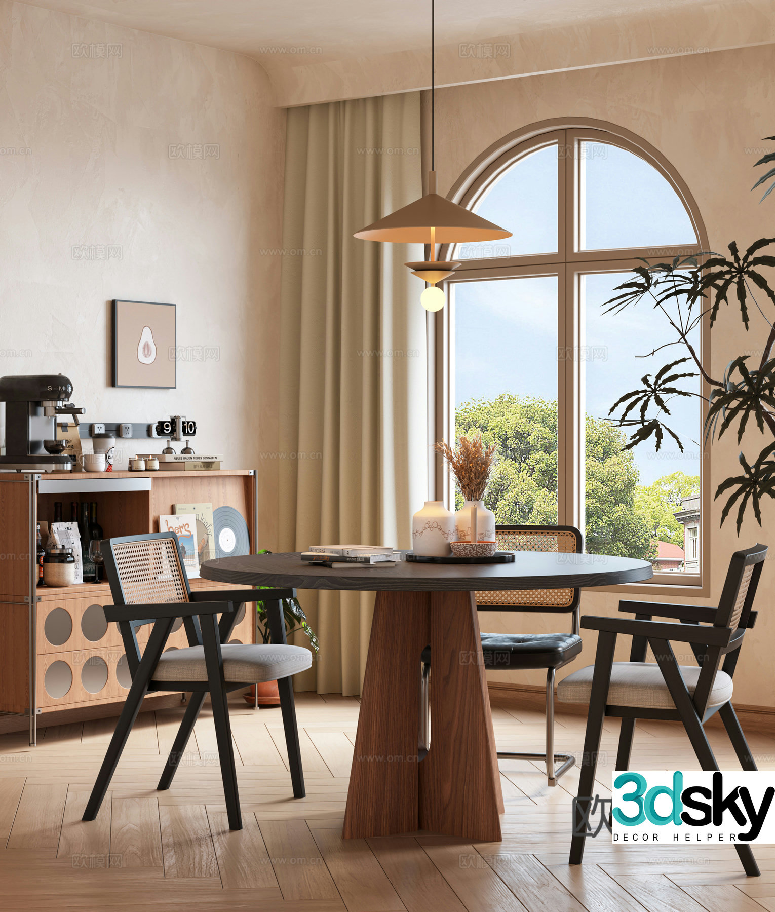 Modern medieval dining table and chair combination round medieval leisure table and chair combination sideboard restaurant real 3d model