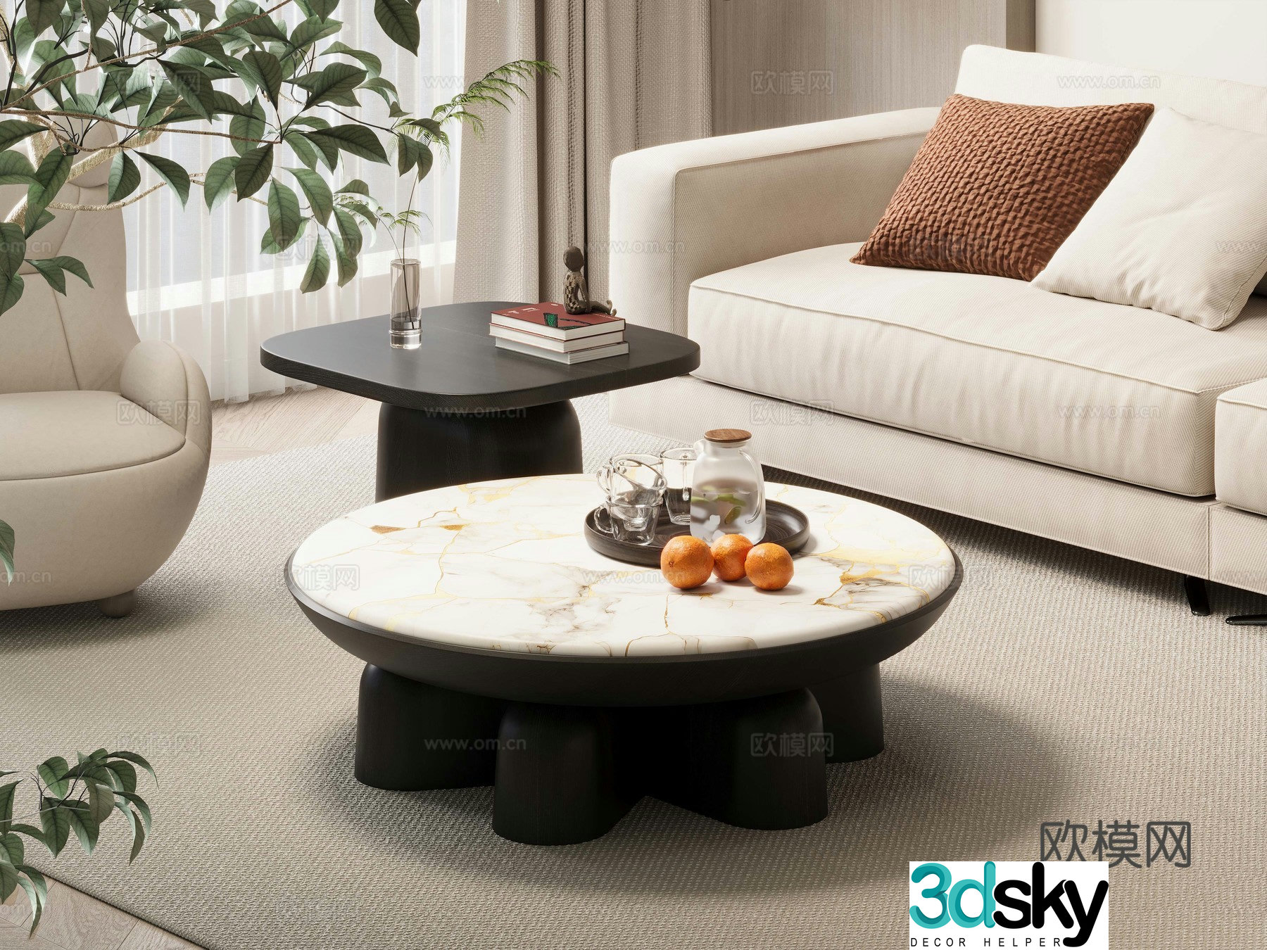 Modern simple coffee table living room size combination coffee table round coffee table high-end marble tea table solid wood edge 3D model
