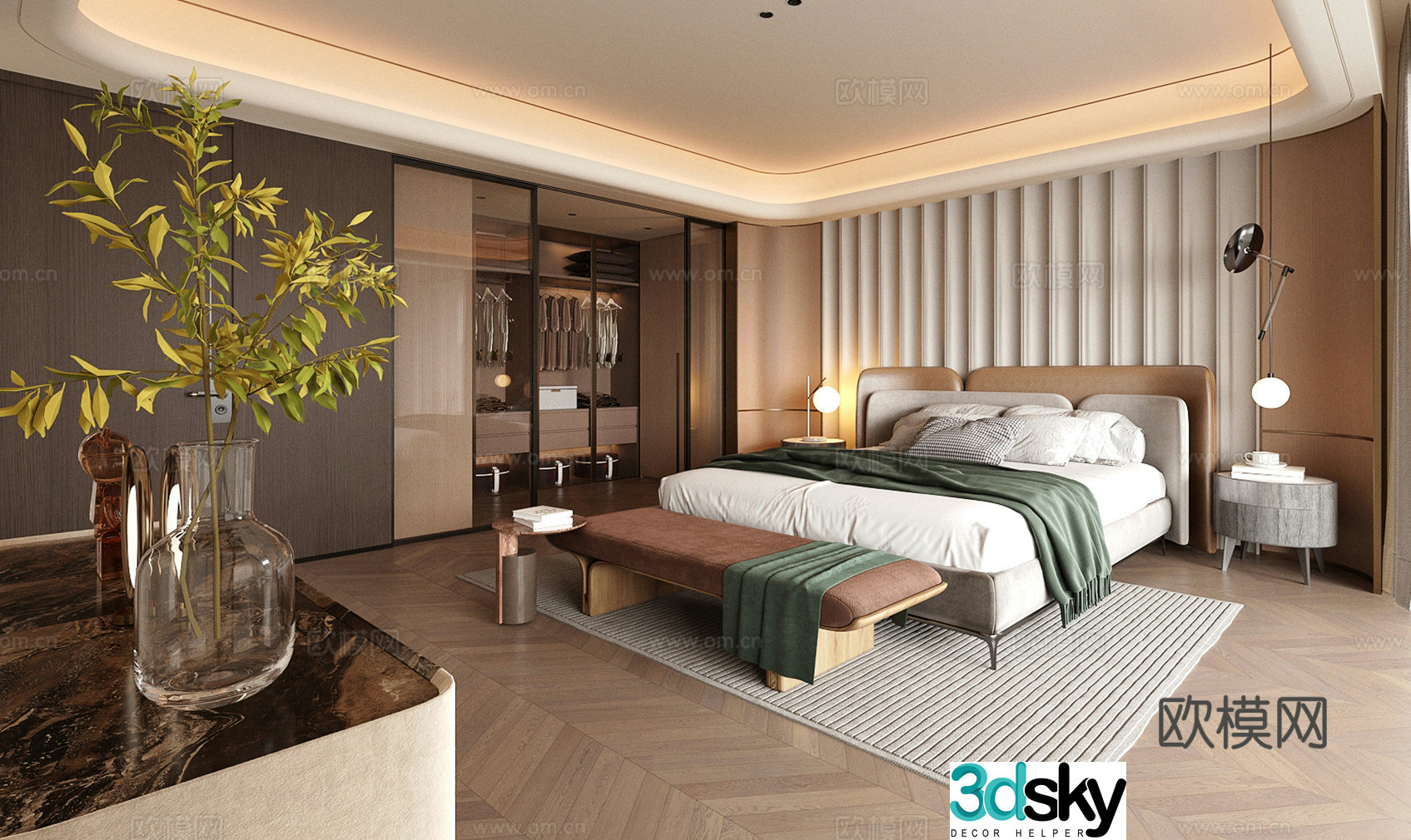 Modern Italian home bedroom Italian light luxury home bedroom Italian backrest double bed without owner light 3D model