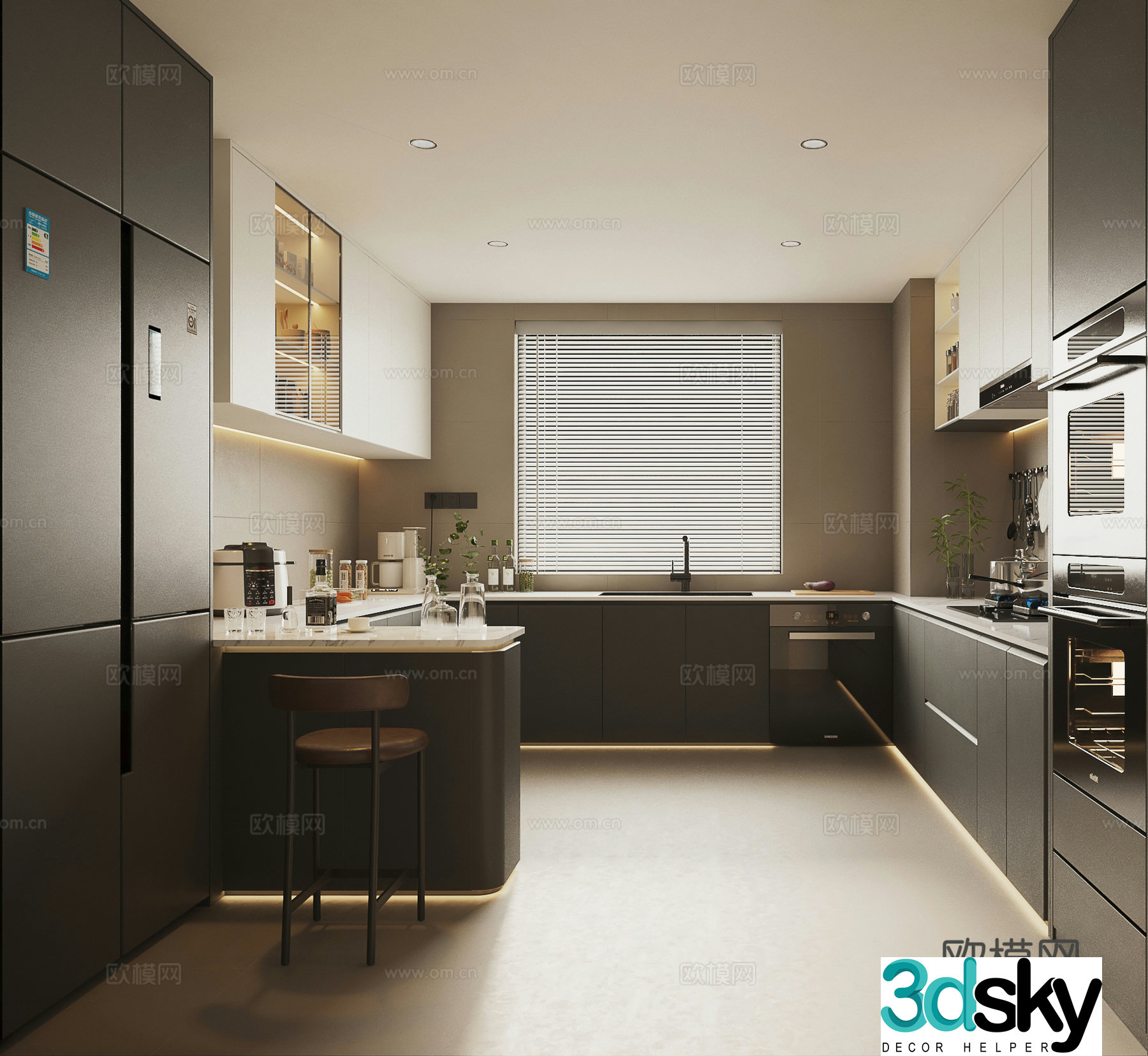 Italian kitchen Italian open kitchen Bar kitchen Modern kitchen Black and white gray kitchen 3d model