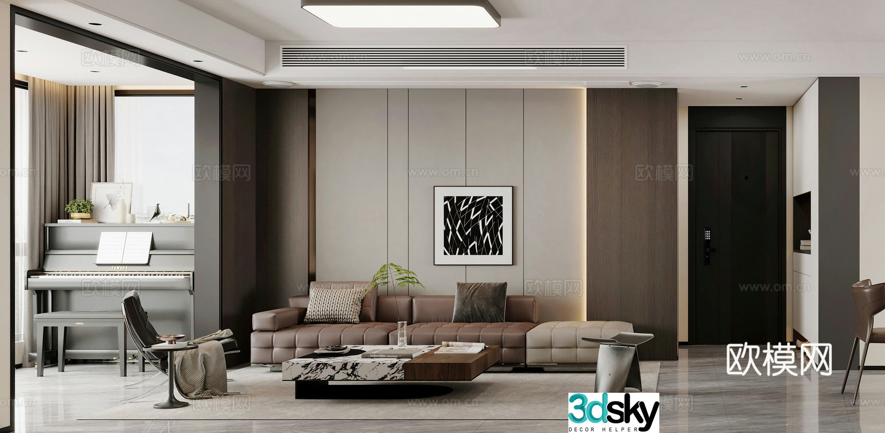 Modern living and dining room combination sofa piano study lounge chair dining table modern living room 3d model