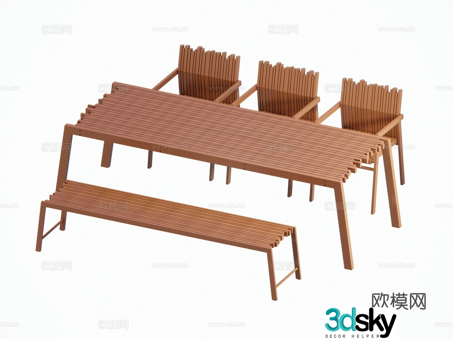 Modern outdoor courtyard garden solid wood teak dining table and chairs long table bench solid wood chair combination 3D model
