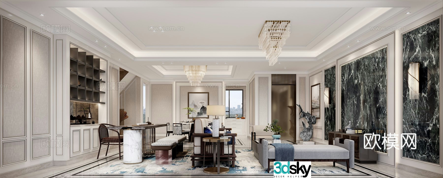 New Chinese style living and dining room sofa combination 3D model
