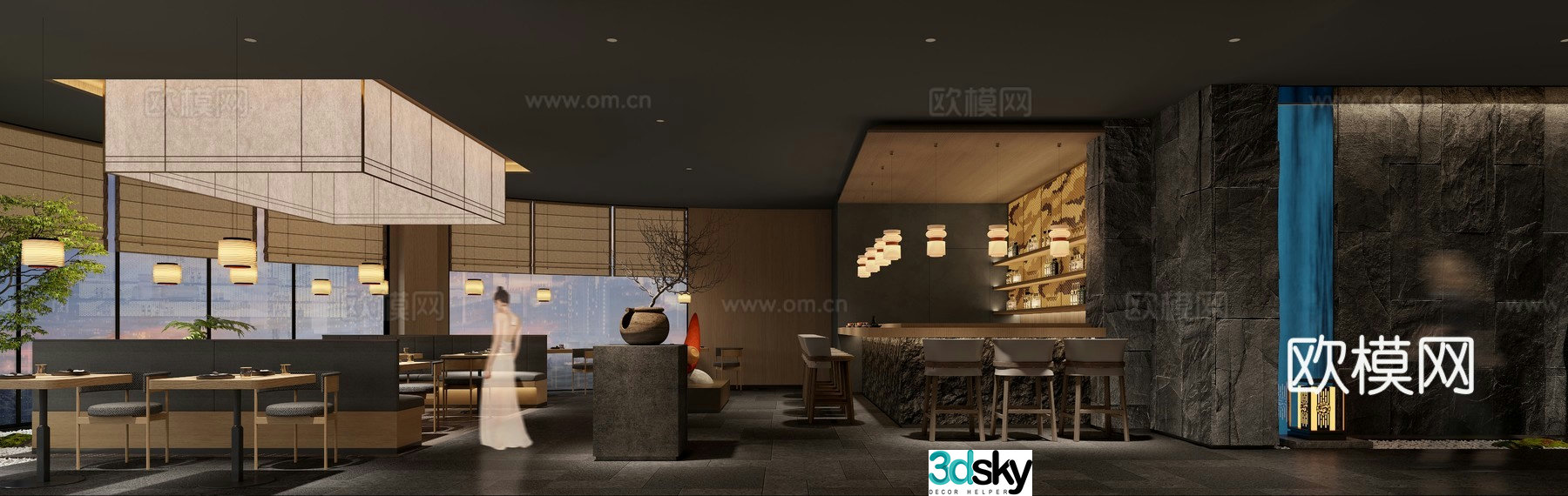 Japanese restaurant front desk booth four-seater water bar area 3D model