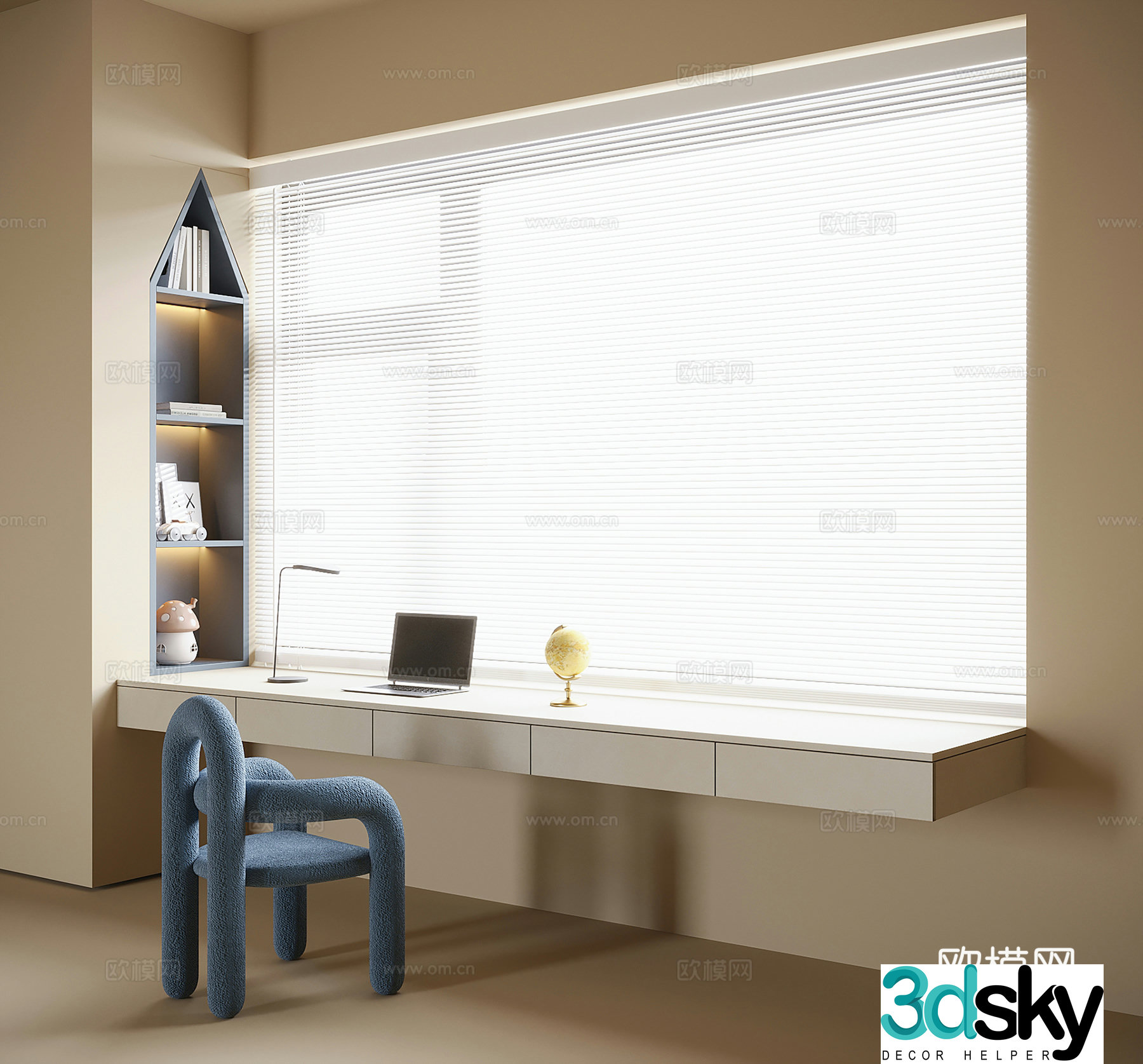 Modern hanging desk and chair venetian blinds children’s room 3d model
