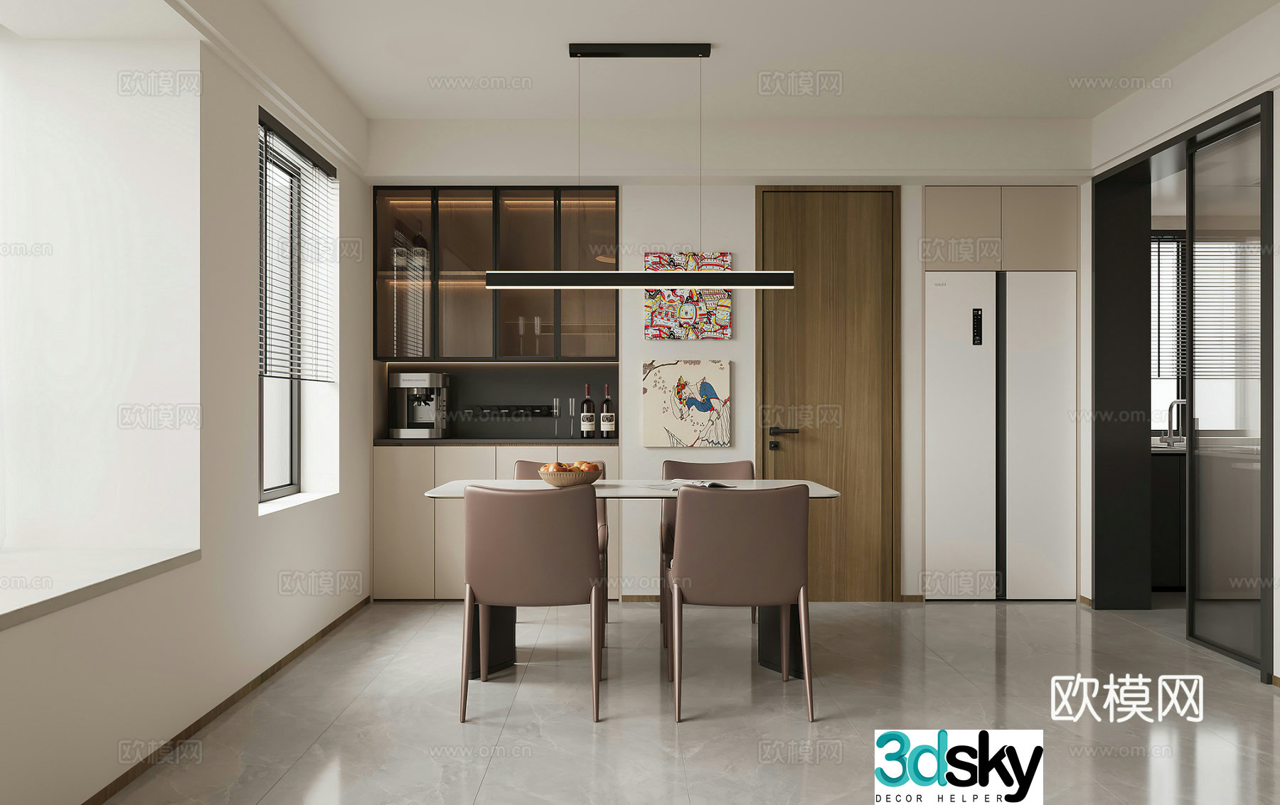 Modern restaurant Simple dining table Wine cabinet Light luxury restaurant Modern living restaurant Creamy restaurant 3d model