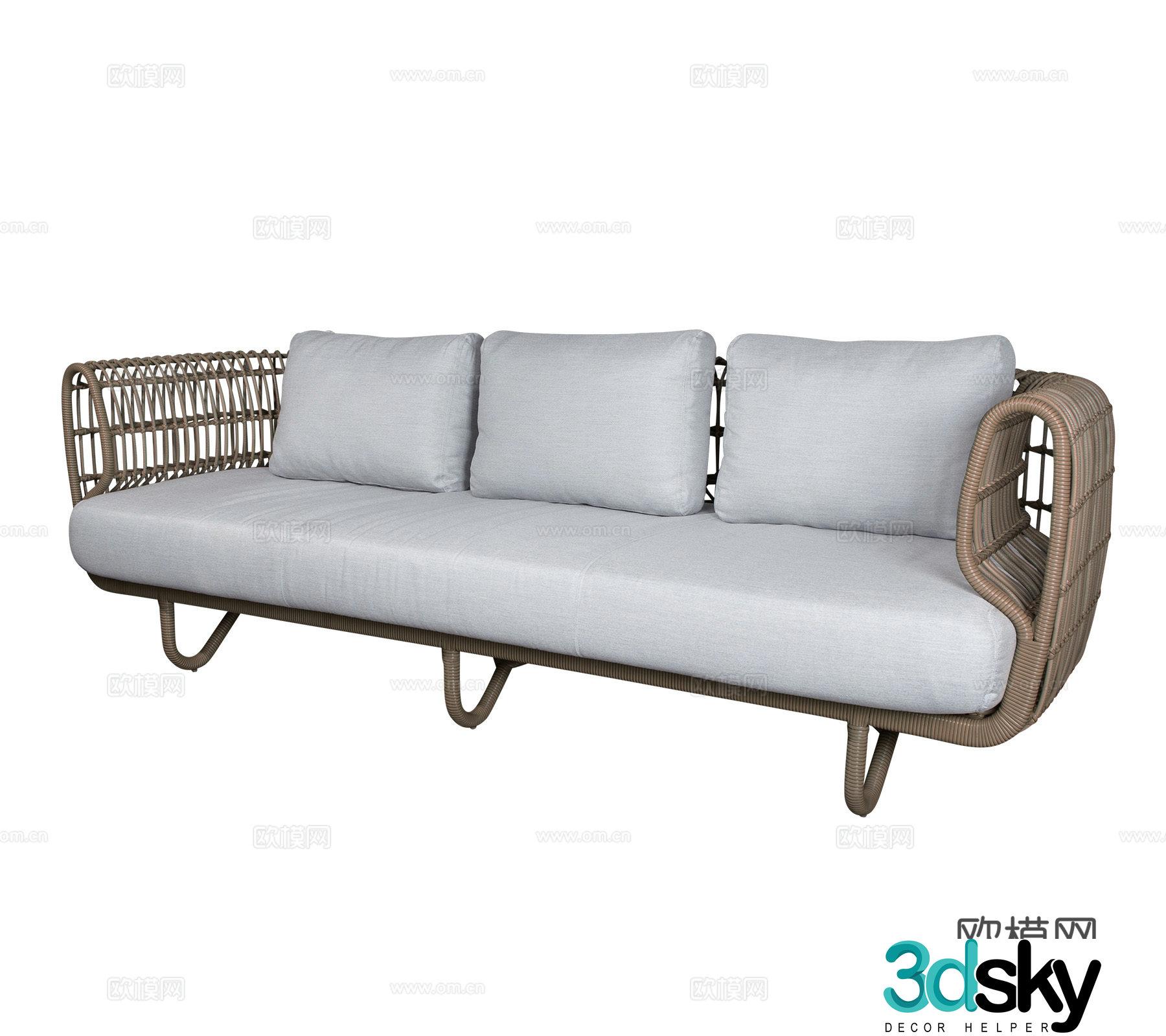 Modern outdoor courtyard garden terrace furniture New Chinese three-person sofa Rattan bamboo weaving sofa combination 3D model