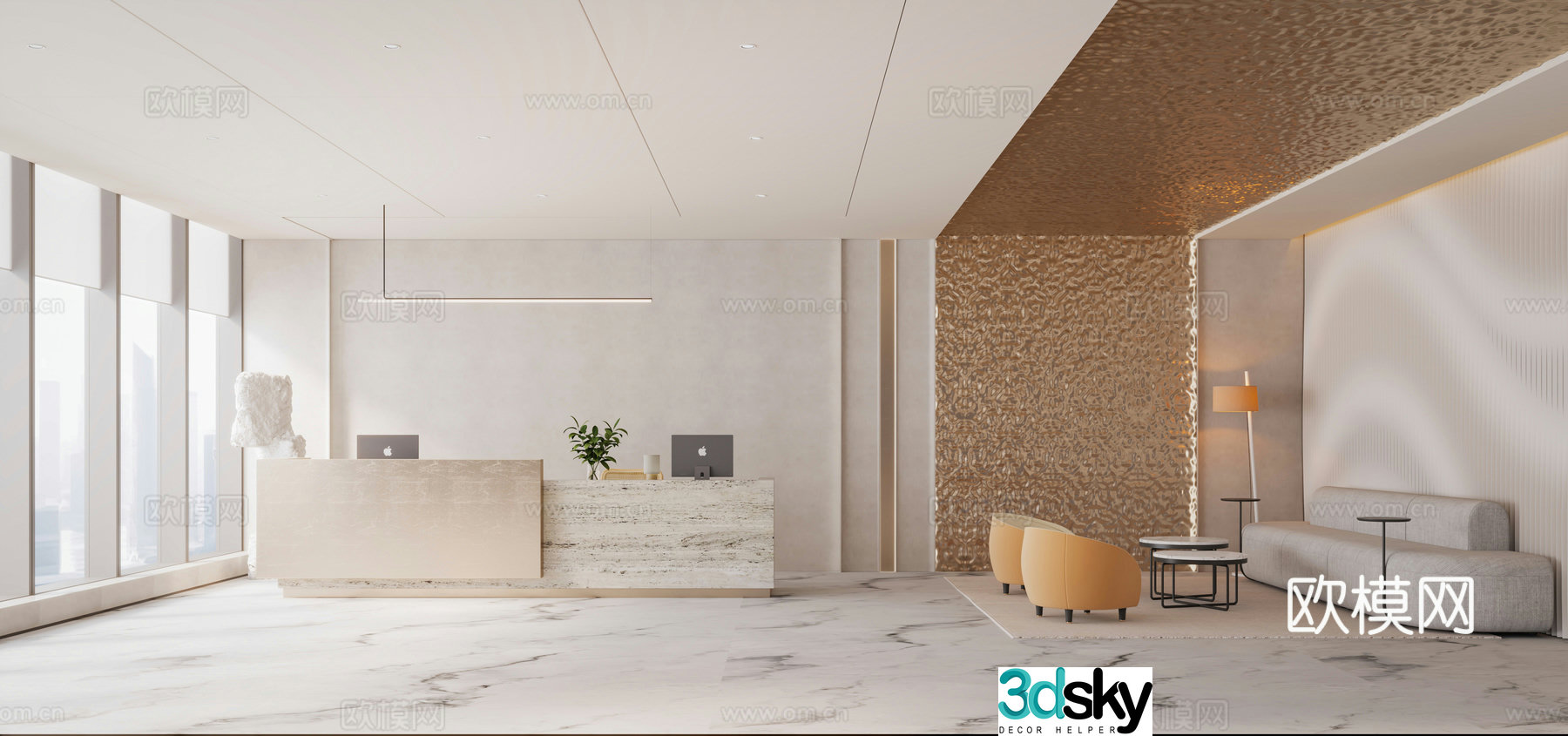 Front desk Service desk Reception area Living area Office 3D model