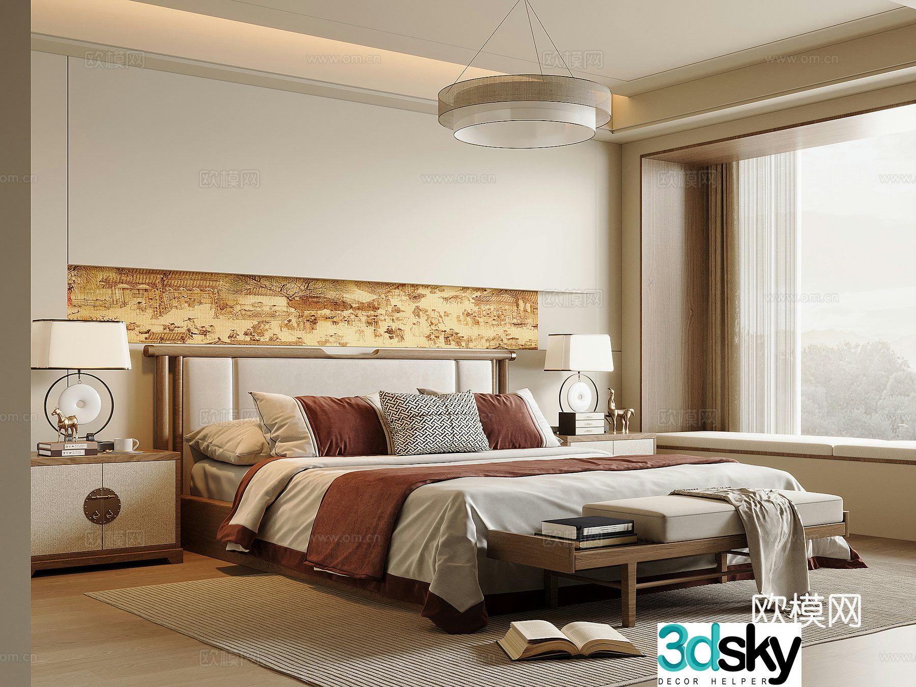New Chinese style bedroom Song style solid wood double bed bed nightstand bed end stool Chinese style chandelier 3D model