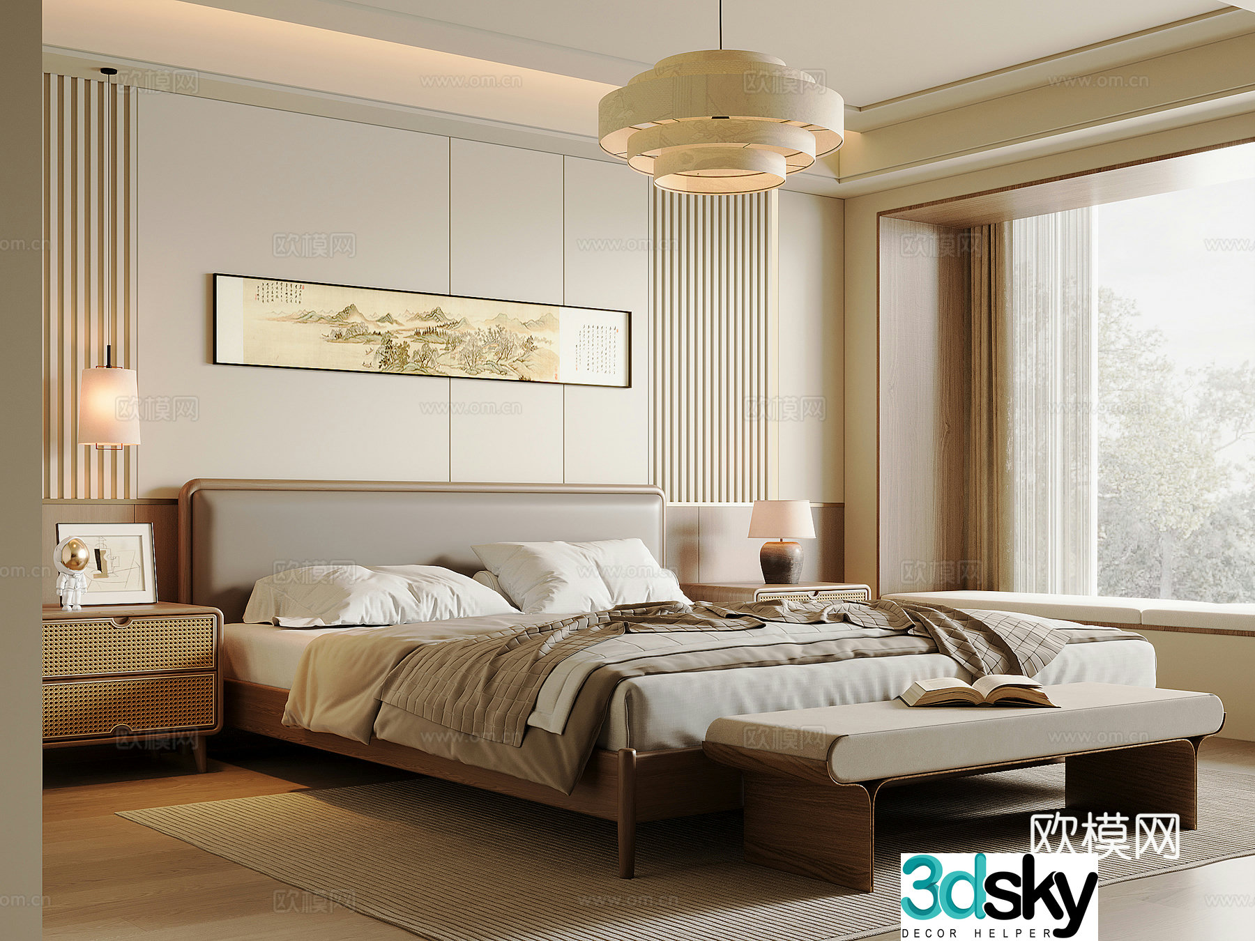 New Chinese style bedroom Song style solid wood double bed bed nightstand bed end stool Chinese style chandelier 3D model