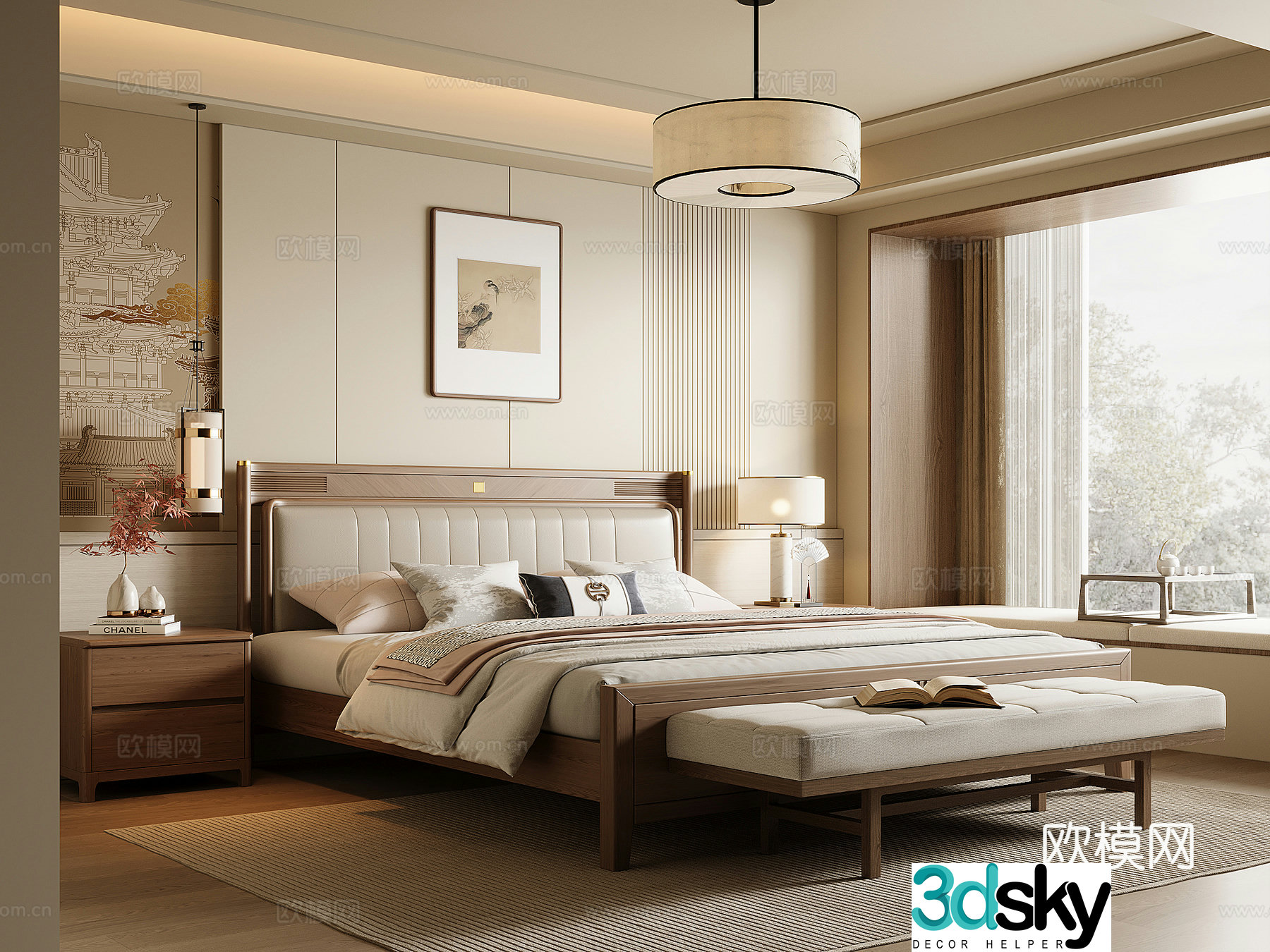 New Chinese style bedroom Song style solid wood double bed bed nightstand bed end stool Chinese style chandelier 3D model