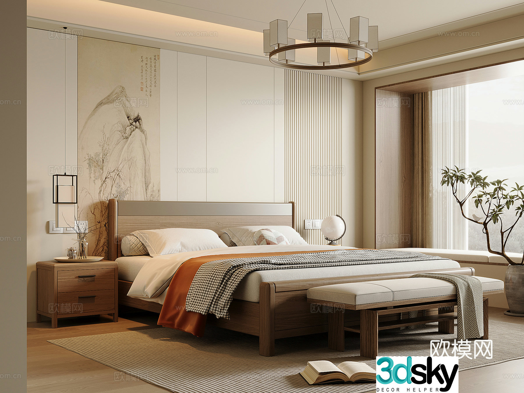 New Chinese style bedroom Song style solid wood double bed bed nightstand bed end stool Chinese style chandelier 3D model