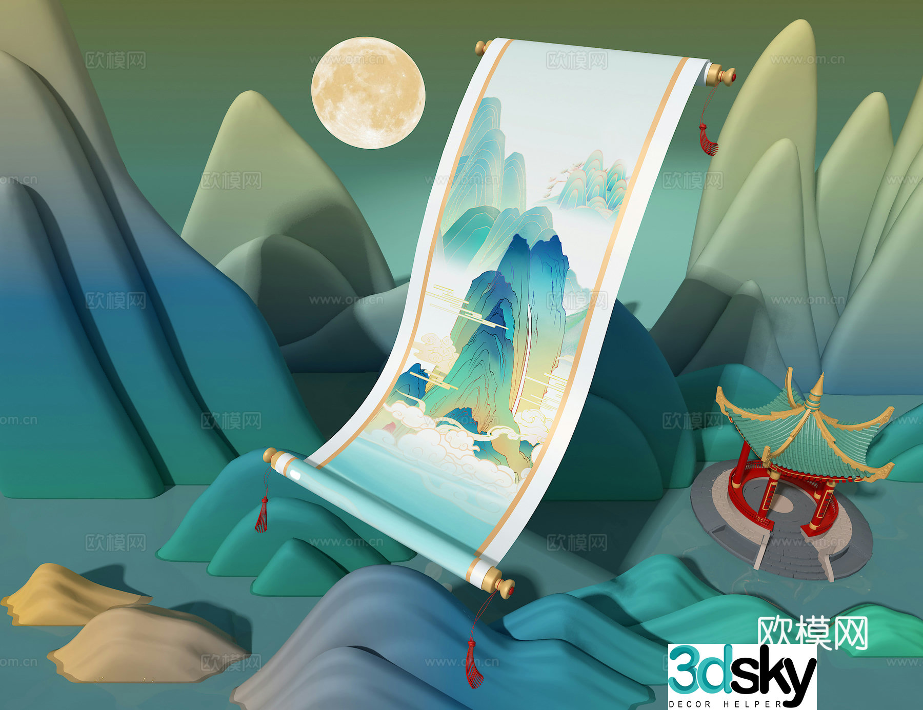 3D model of Chinese style painting scroll