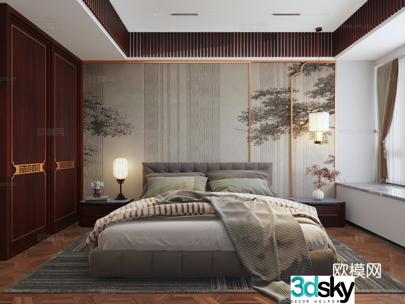 Chinese style mahogany master bedroom double bed background wall bedside table bay window 3d model