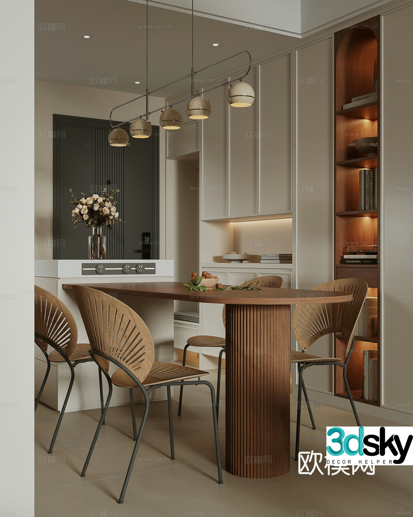 Modern cream retro restaurant kitchen open kitchen island island kitchen chandeliers restaurant 3d model