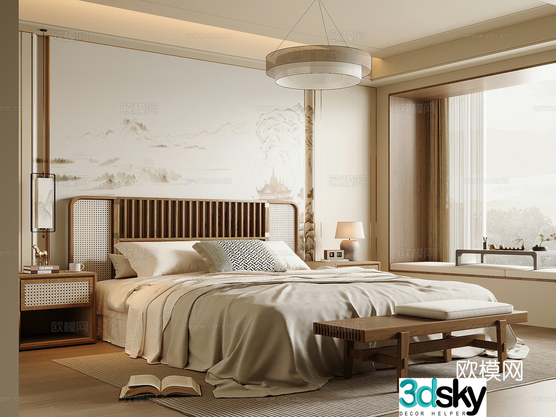 New Chinese style bedroom Song style solid wood double bed bed nightstand bed end stool Chinese style chandelier 3D model