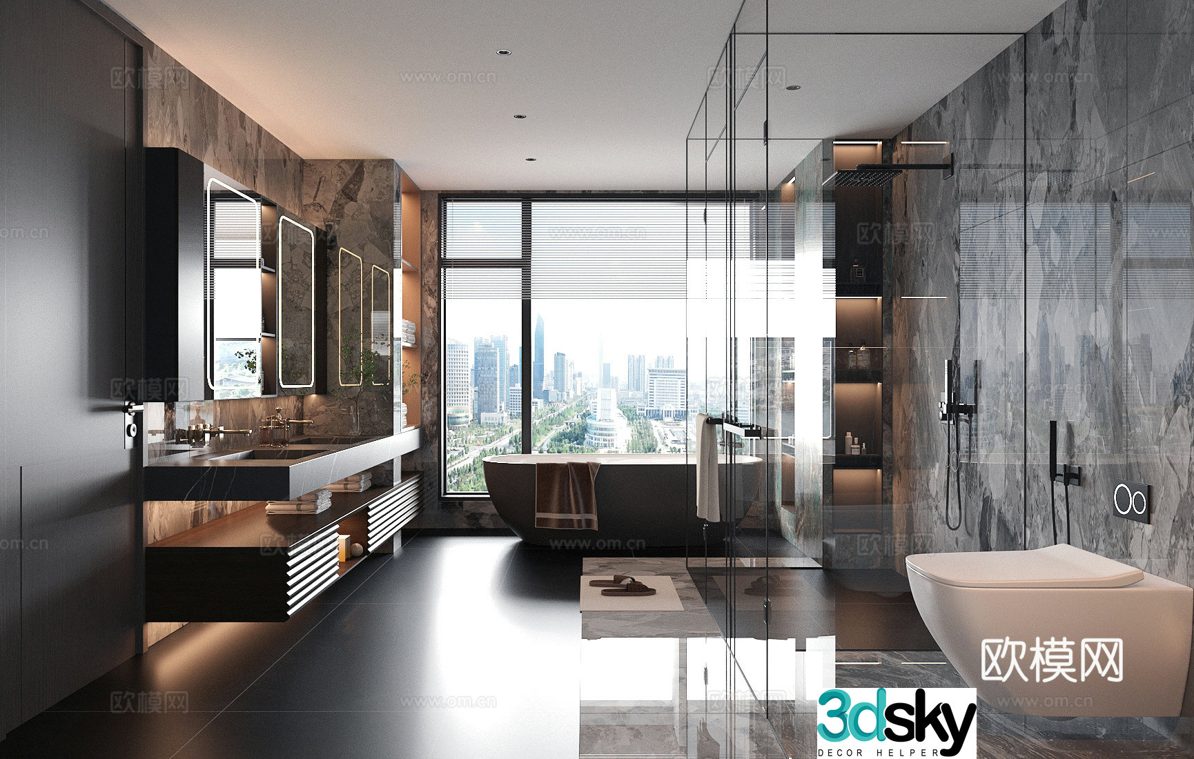 Italian light luxury bathroom marble bathroom toilet bathroom toilet sink glass door bathroom 3D model