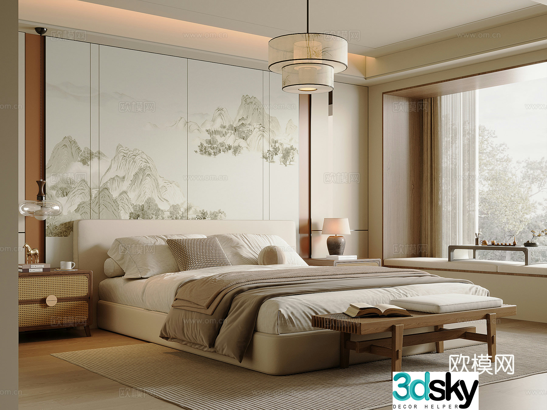 New Chinese style bedroom Song style fabric double bed bed nightstand bed end stool Chinese style chandelier 3D model