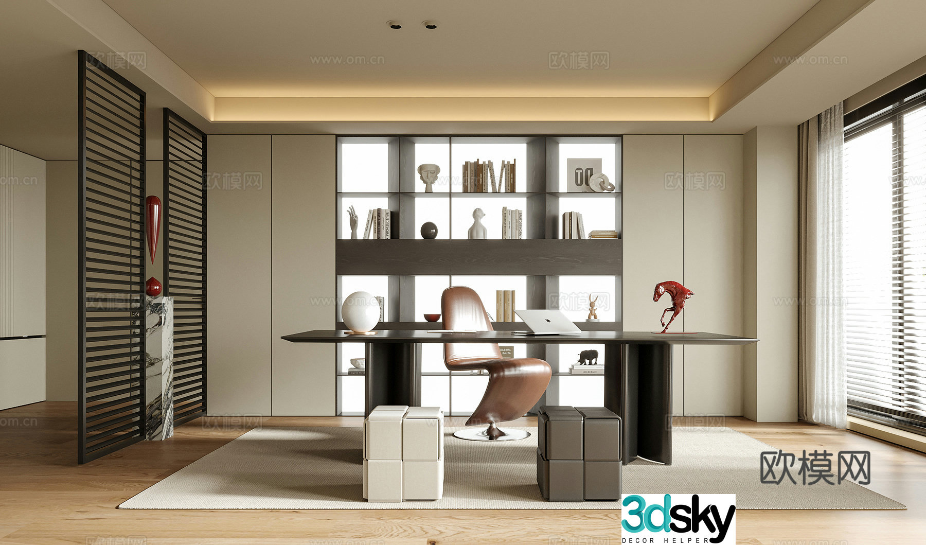 Modern study desk chair stool bookcase 3d model