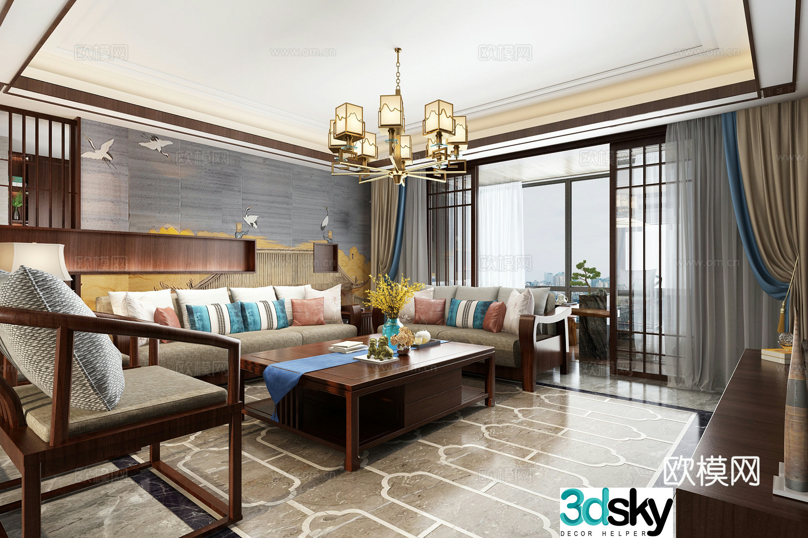 New Chinese style living room entrance chandeliers sofa coffee table TV cabinet wall light 3d model